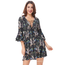 Kate Kasin Sexy Women&#39;s Floral Pattern 3/4 Robe à encolure profonde V-Neck Mini-robe KK000664-1